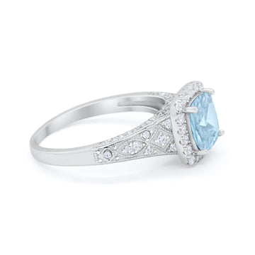 Cushion Art Deco Wedding Ring Simulated Aquamarine CZ 925 Sterling Silver